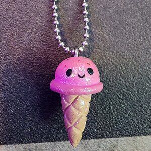 Rare Y2K Shop Woollyton Handmade Kawaii Pink Glitter Chibi Ice Cream Necklace
